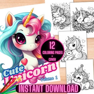 Niedliche Einhörner, Einhörner leicht, Fantasie Einhörner Malseiten für Kinder, Kinder Kawaii Einhorn Malseiten Bold and Easy Einhorn Malbuch