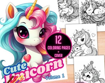 かわいいユニコーンの塗り絵、子供向けの簡単なファンタジー塗り絵、子供向けのかわいいユニコーンの塗り絵シート、大胆で簡単なユニコーンの塗り絵