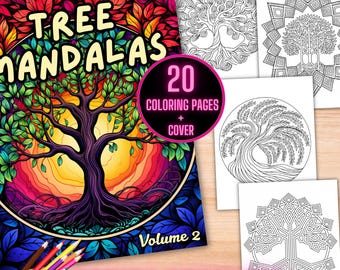 Tree Mandalas Coloring Book, Nature Mandala Coloring Book, Mandala Tree Pattern Coloring Sheet, Zentangle Tree of Life Coloring Book