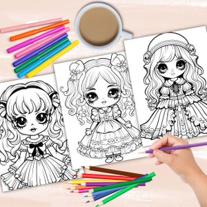 Gothic Dolls coloring book, gothic anime girl fashion coloring pages, anime coloring, manga coloring, instant digital download PDF printable coloring sheets