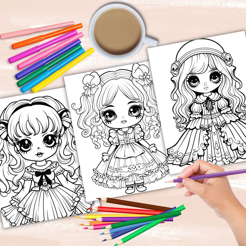 Gothic Dolls coloring book, gothic anime girl fashion coloring pages, anime coloring, manga coloring, instant digital download PDF printable coloring sheets