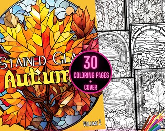 Stained Glass Autumn Coloring Book, Fall Landscapes Coloring Pages, Fall Foliage Coloring Book, Autumn Harvest Coloring for Adults and Teens