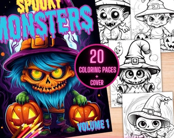 Cute Halloween Coloring Book, Spooky Monsters Coloring Pages, Digital Halloween Coloring Sheets for Kids, Printable Halloween Coloring Pages