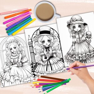 Gothic Dolls coloring book, gothic anime girl fashion coloring pages, anime coloring, manga coloring, instant digital download PDF printable coloring sheets