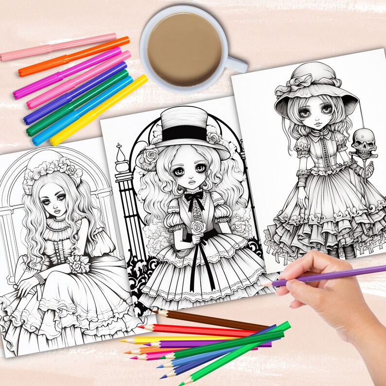 Gothic Dolls coloring book, gothic anime girl fashion coloring pages, anime coloring, manga coloring, instant digital download PDF printable coloring sheets