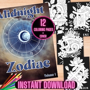 Libro para colorear del zodiaco, páginas para colorear de astrología, libro para colorear imprimible de signos astrológicos, hojas para colorear celestiales de la carta zodiacal de medianoche
