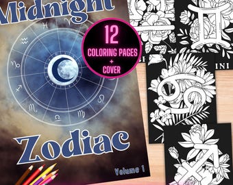 Zodiac Coloring Book, Astrology Coloring Pages, Printable Astrology Signs Coloring Book, Midnight Zodiac Chart Celestial Coloring Sheets