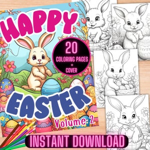 Happy Easter Coloring Book, Cute Easter Bunny Coloring Pages, Printable Easter Coloring Sheets, Grayscale Easter Coloring Book for Adults
