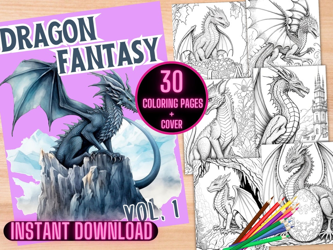 Dragon Fantasy Coloring Pages Fantasy Coloring Book for - Etsy