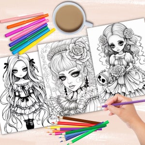Gothic Dolls coloring book, gothic anime girl fashion coloring pages, anime coloring, manga coloring, instant digital download PDF printable coloring sheets