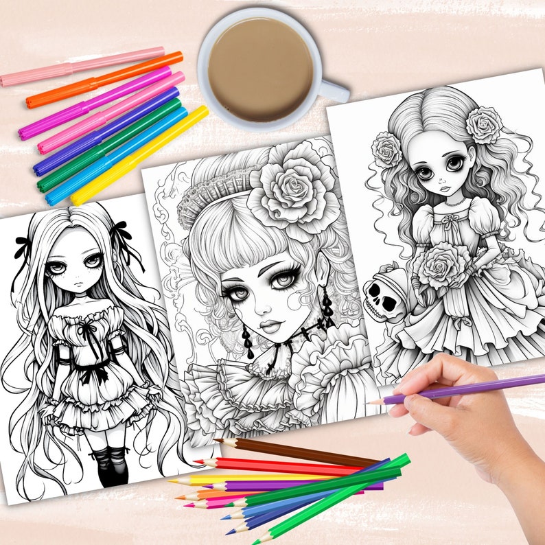 Gothic Dolls coloring book, gothic anime girl fashion coloring pages, anime coloring, manga coloring, instant digital download PDF printable coloring sheets