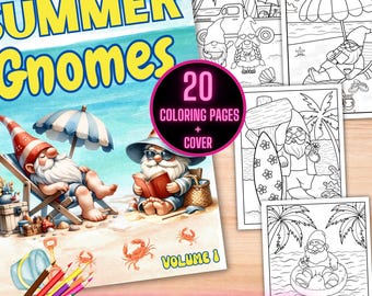 Summer Gnomes Coloring Book, Cute Gnomes Coloring Pages, Printable Summer Beach Gnome Easy Coloring Sheet, Large Print Gnome Coloring Book