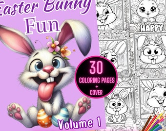 May include: A digital download of a coloring book featuring 30 pages of Easter bunny illustrations. The cover features a cartoon bunny with a pink background and the text "Easter Bunny Fun, Volume 1, Instant Download".