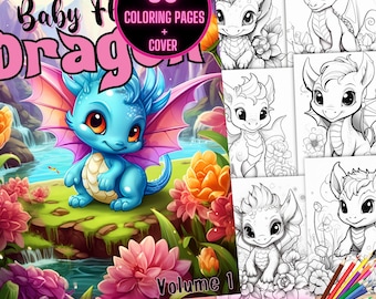 Páginas para colorear de bebé dragón con flores, libro para colorear de fantasía, libro para colorear de bebé dragón con flores para imprimir, hojas para colorear de bebé dragón en escala de grises