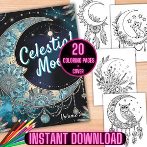Celestial Moon Coloring Book, Boho Moon Coloring Sheets, Cosmic Spirit Animals Crescent Moon Coloring Pages, Boho Celestial Coloring Book