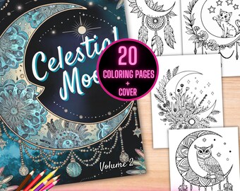 Celestial Moon Coloring Book, Boho Moon Coloring Sheets, Cosmic Spirit Animals Crescent Moon Coloring Pages, Boho Celestial Coloring Book