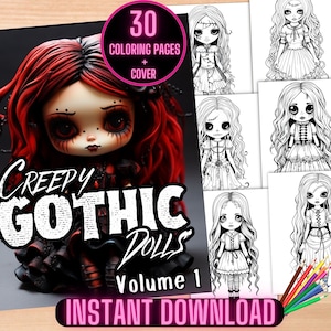 Libro para colorear de muñecas góticas espeluznantes, Páginas para colorear de chicas góticas espeluznantes, Hojas para colorear de chicas góticas, Libro para colorear de anime espeluznante, Manga para colorear