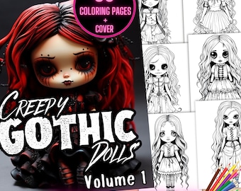 Pode incluir: Um download digital intitulado "Creepy Gothic Dolls Volume 1" com uma boneca de cabelo ruivo e um vestido preto. A imagem inclui um círculo rosa com o texto "30 Coloring Pages + Cover" e várias páginas para colorir em preto e branco de bonecas góticas.