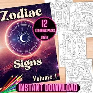 Libro para colorear de los signos del zodíaco, páginas para colorear de astrología, libro para colorear de los signos del zodíaco para imprimir, hojas para colorear celestiales de la carta del zodíaco