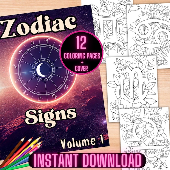 Zodiac Signs Coloring Book, Astrology Coloring Pages, Printable Astrology Signs Coloring Book, Zodiac Chart Celestial Coloring Sheets