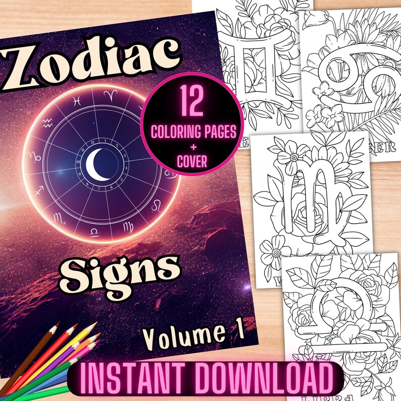 Zodiac Signs coloring book, astrology coloring pages, zodiac charts coloring sheets, instant digital download PDF printable coloring sheets