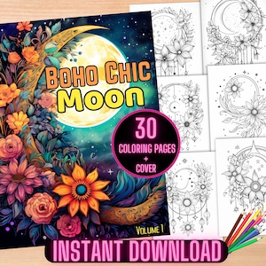 Celestial Moon Coloring Pages, Boho Chic Moon Coloring Sheets, Botanical Moon Coloring Pages, Boho Celestial Flower Moon Coloring Book