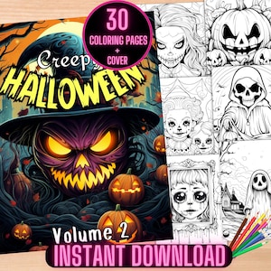 Creepy Halloween Coloring Book, Grayscale Halloween Horror Digital Coloring Pages, Spooky Halloween Creepy Dolls Printable Coloring Pages