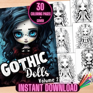 Libro para colorear de muñecas góticas, páginas para colorear de anime de chicas góticas, hojas para colorear de chicas góticas, libro para colorear de anime para imprimir, páginas para colorear de manga