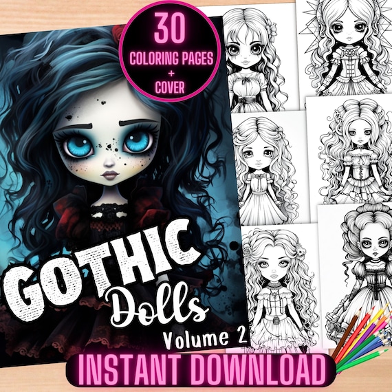 Gothic Dolls Coloring Book, Gothic Girl Anime Coloring Pages, Goth Girl Coloring Sheets, Creepy Doll Coloring Pages, Printable Coloring Book
