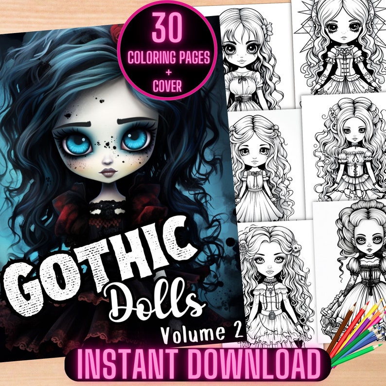 Gothic Dolls coloring book, gothic anime girl fashion coloring pages, anime coloring, manga coloring, instant digital download PDF printable coloring sheets