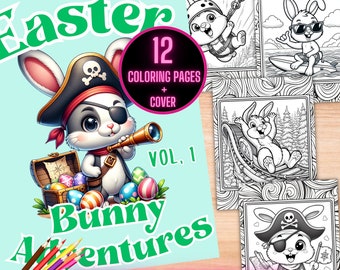 May include: A digital download of 12 colouring pages featuring a cute bunny pirate with a treasure chest and Easter eggs. The title is "Easter Bunny Adventures Vol. 1" and the text "Instant Download" is at the bottom of the image.