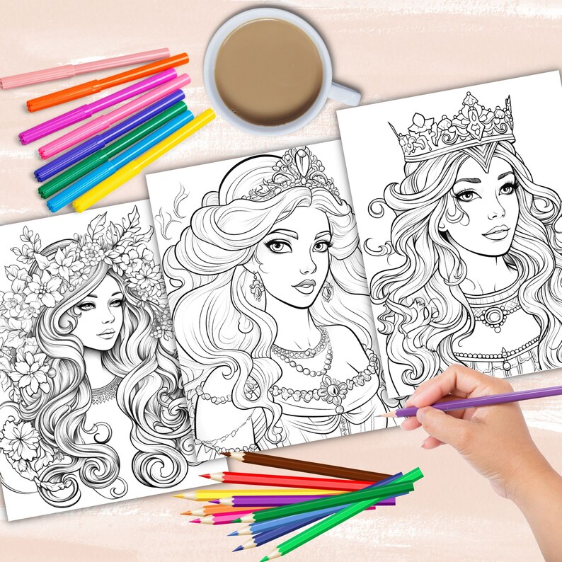 Enchanted Princesses Coloring Pages, Fantasy Fairytale Coloring Book