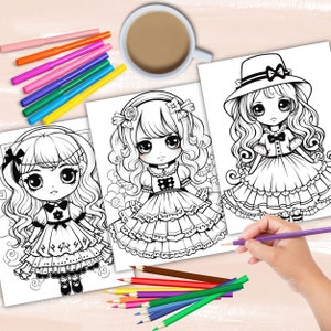 Gothic Dolls coloring book, gothic anime girl fashion coloring pages, anime coloring, manga coloring, instant digital download PDF printable coloring sheets