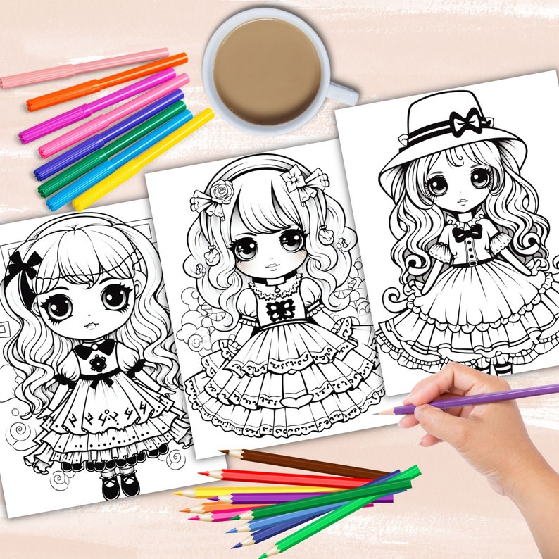 Gothic Dolls coloring book, gothic anime girl fashion coloring pages, anime coloring, manga coloring, instant digital download PDF printable coloring sheets