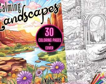 May include: A coloring book titled "Calming Landscapes" with a cover illustration of a scenic canyon landscape. The book includes 30 coloring pages and the text "Instant Download". A set of colored pencils is visible.