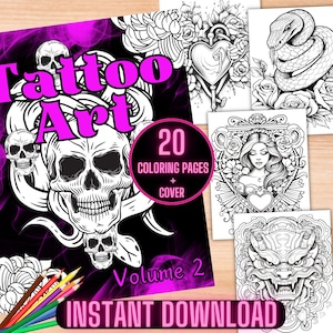 May include: A digital download of 20 coloring pages featuring tattoo art designs. The cover features a skull with snakes and the text "Tattoo Art Volume 2".