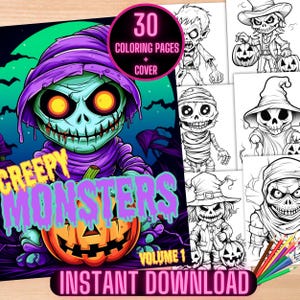 Cute Halloween Coloring Book, Creepy Monsters Coloring Pages, Spooky Halloween Coloring Sheets for Kids, Printable Halloween Coloring Pages