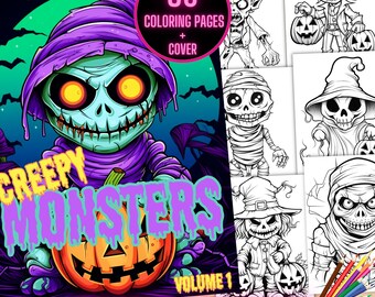 Puede incluir: Una descarga digital de 30 páginas para colorear con monstruos espeluznantes. La portada presenta un monstruo morado y verde sosteniendo una calabaza de Halloween. El título es "Creepy Monsters, Volume 1".
