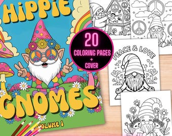 Hippie Gnomes Coloring Book, Large Print Groovy Gnomes Coloring Pages, Printable Retro Gnome Coloring Sheet, Bold Easy Gnomes Coloring Book