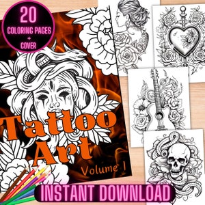 May include: A digital download of 20 coloring pages featuring tattoo art designs. The cover features a woman's face with a snake in her hair, surrounded by flames. The text "Tattoo Art Volume I" is displayed on the cover.  The coloring pages include designs of a woman with flowers, a heart with a dagger, a guitar with flowers, and a skull with a snake.