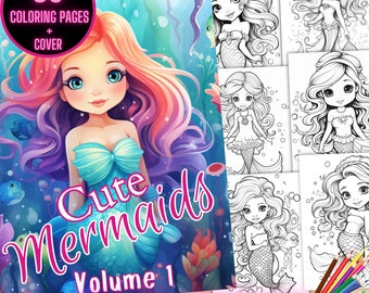 Cute Mermaids Coloring Pages, Fantasy Coloring Book, Mermaid Coloring Book, Childrens Mermaid Coloring Sheets, Mermaid Coloring for Kids