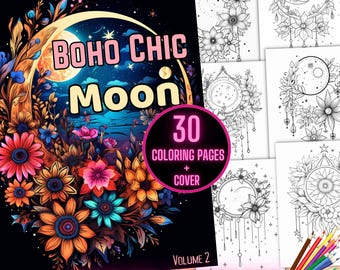 Celestial Moon Kleurplaten, Boho Chic Moon Kleurplaten, Botanische Maan Kleurplaten, Boho Celestial Flower Moon Kleurboek