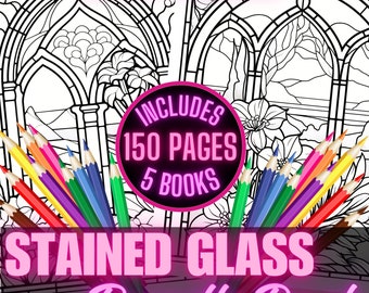 Stained Glass Coloring Book Bundle, Butterfly Coloring Pages, Flower Coloring Sheets, Printable Coloring Book, Landscapes Coloring Sheets