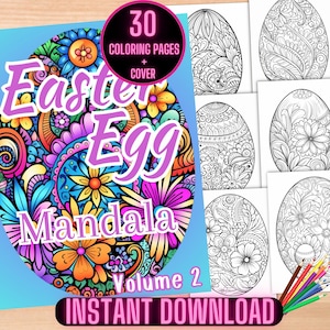 Könnte beinhalten: Ein farbenfrohes Oster-Eier-Mandala-Malbuch mit 30 Seiten und einem Einband. Der Einband zeigt ein großes, filigranes Mandala-Design mit Blumen und Spiralen in Rosa-, Blau-, Gelb- und Grüntönen. Der Titel "Easter Egg Mandala" ist in lila und rosa Schrift geschrieben. Das Buch trägt den Titel "Band 2" und unten steht "Sofort-Download".