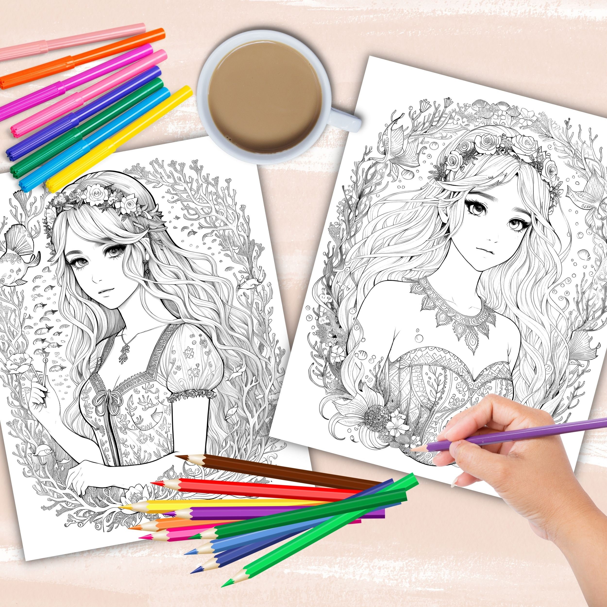 Beautiful Mermaid Coloring Pages, Anime Mermaid Fantasy Coloring Book ...