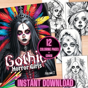 Gothic Horror Girls Coloring Book, Gothic Halloween Coloring Pages, Printable Gothic Horror Coloring Book, Halloween Gothic Coloring Sheets