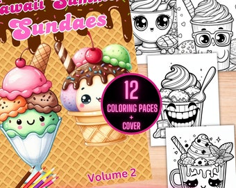 Libro para colorear de helados de verano kawaii, páginas para colorear de postres helados, hojas para colorear de dulces de verano, libro para colorear de dulces kawaii imprimible