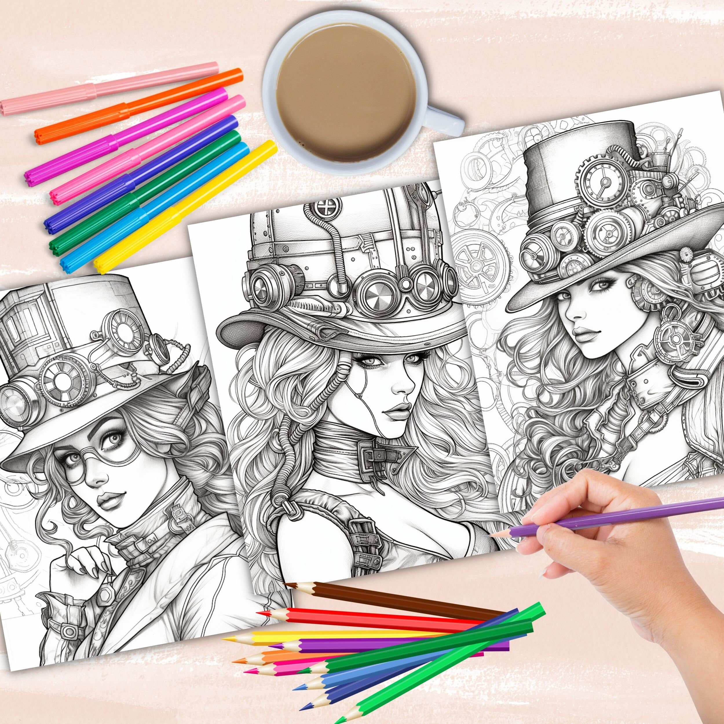 Steampunk Gothic Coloring Book, Steampunk Fashion Coloring Pages ...