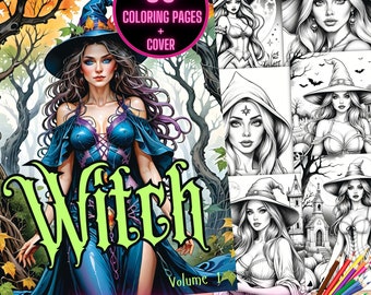 Halloween Witch Coloring Pages, Grayscale Halloween Coloring Pages, Beautiful Witch Coloring Book, Spooky Witches Coloring Pages for Adults