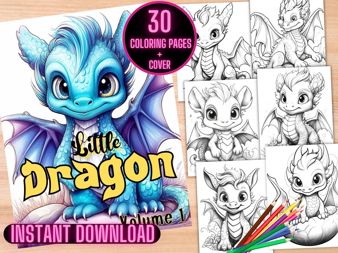 Little Dragon Coloring Pages Fantasy Coloring Book Grayscale - Etsy